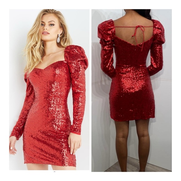 Jovani Dazzling Red Sequin Long Sleeve Dress - Picture 2 of 14